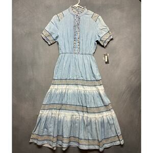 Lapis Embroidered Chambray Maxi Dress S Blue Cottagecore Hippy Boho Soft Denim